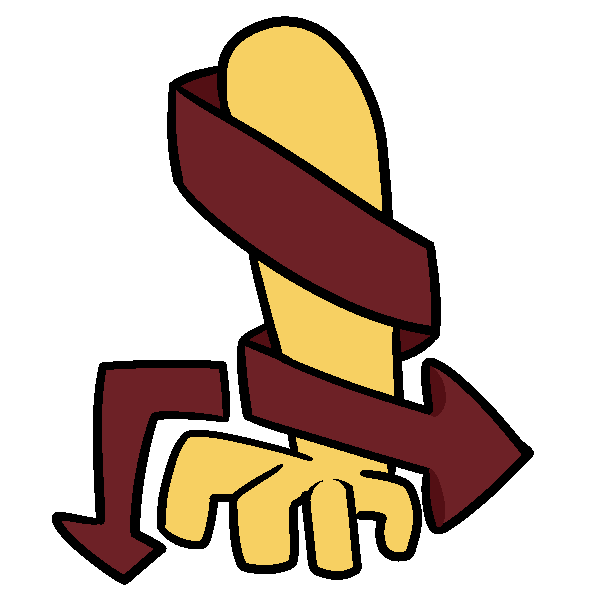  A tensed yellow arm and hypertonic hand with a red arrow twisting around it, and another arrow around the hand pointing downwards. 